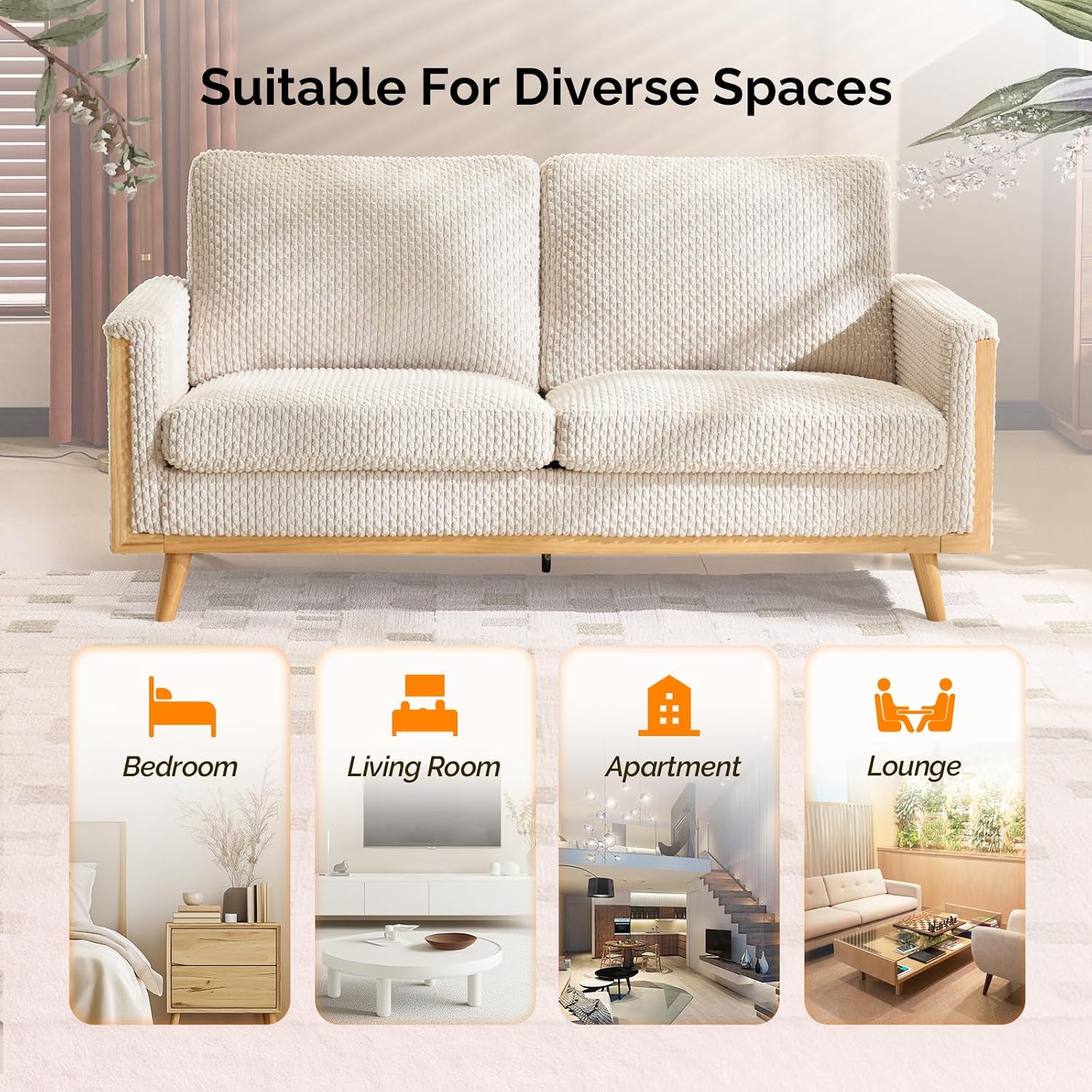 VINGLI 68' W Comfortable Mid Century Loveseat, Two Seater Sofa with Spring Support & Solid Wood Frame, Corduroy Fabric Small Couch for Living Room, Small Space, Bedroom, White