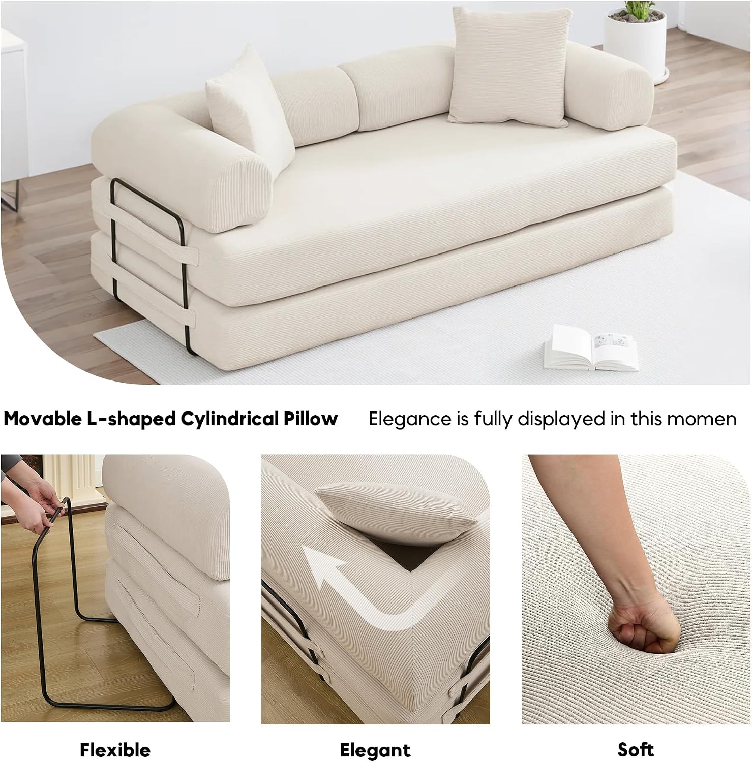 ZEIINPA Convertible Sleeper Sofa Bed with Cylindrical Pillow, Corduroy Folding Mattress Couch with Fixed-Shape Frame, Floor Sofa Lounge Couch for Living Room Bedroom Lounge Studio, Beige
