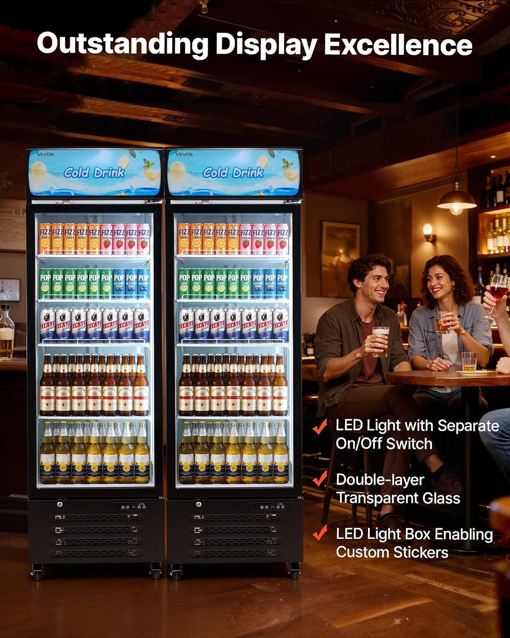 VEVOR Commercial Merchandiser Refrigerator, 15.9 Cu.Ft / 450 L Glass Door Display Refrigerator, Upright Beverage Cooler with Customizable Lightbox, 4 Adjustable Shelves & Soft LED Light for Home Shops