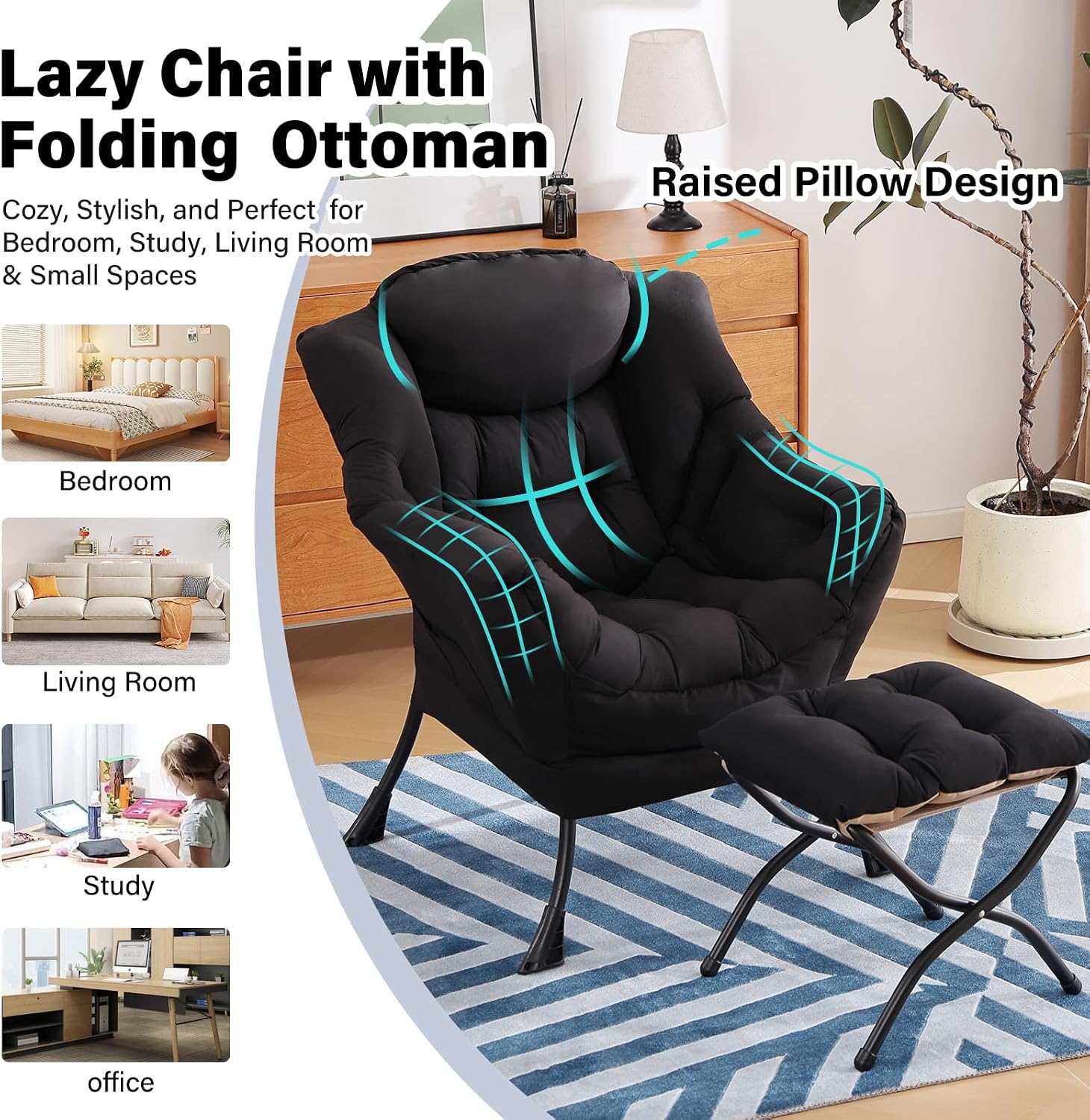 Furlide Lazy Chair with Ottoman, Modern Accent Chair with Armrests and a Side Pocket, Black Accent Chairs, Reading Chairs, Oversized Armchairs for Bedroom, Study, Living Room, Courtyard