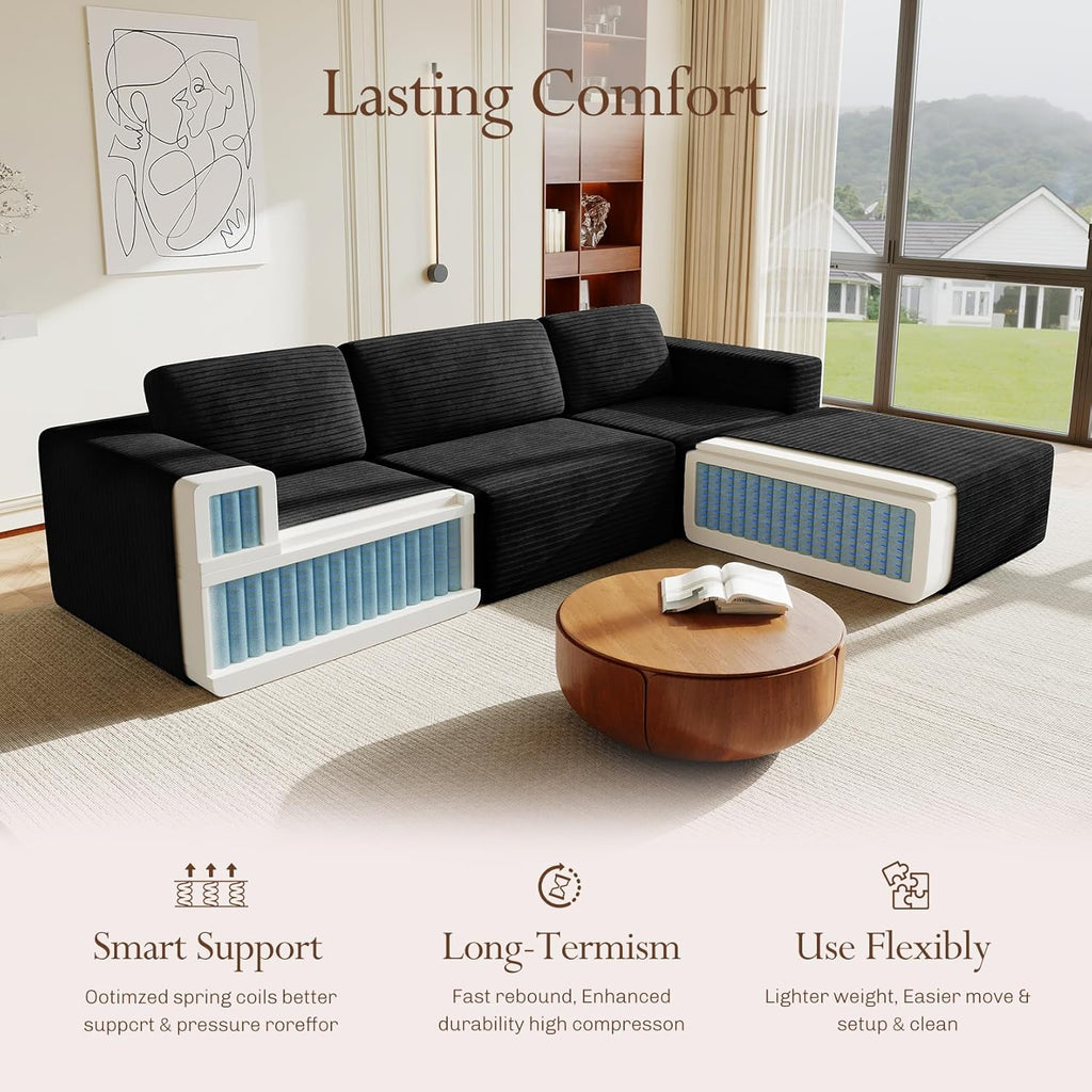 Vesgantti 119' L-Shaped Modular Sectional Sofa, Corduroy Cloud Couch with Deep Seating & Spring Support, Flexible Layout Sofa with Ottoman, Boneless Style, No Assembly Required, Black