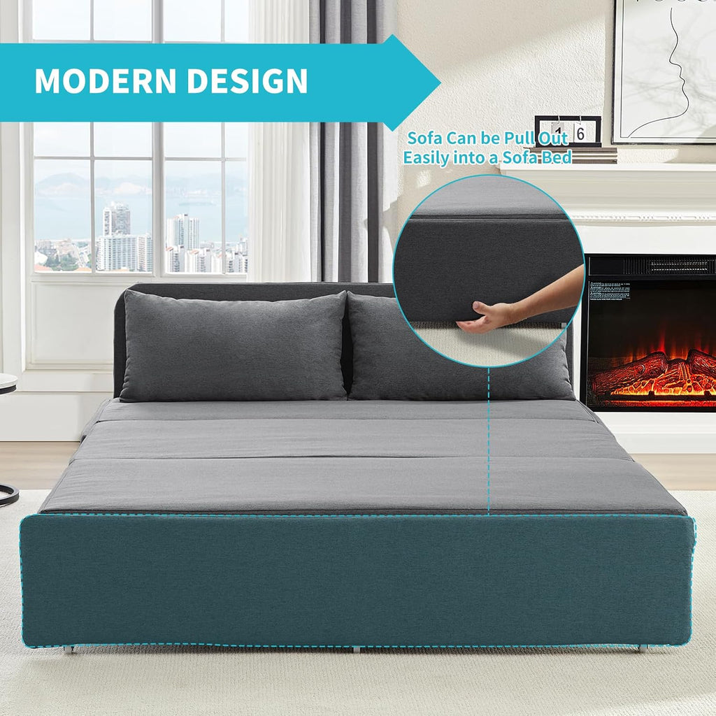 CECER 64.2' Queen Size Pull Out Sofa Bed, Pull Out Couch Bed with 2 Pillows, Linen Convertible Sleeper Sofa with Comfy Mattress, 2 in 1 Armless Loveseat Sleeper for Living Room-Dark Grey
