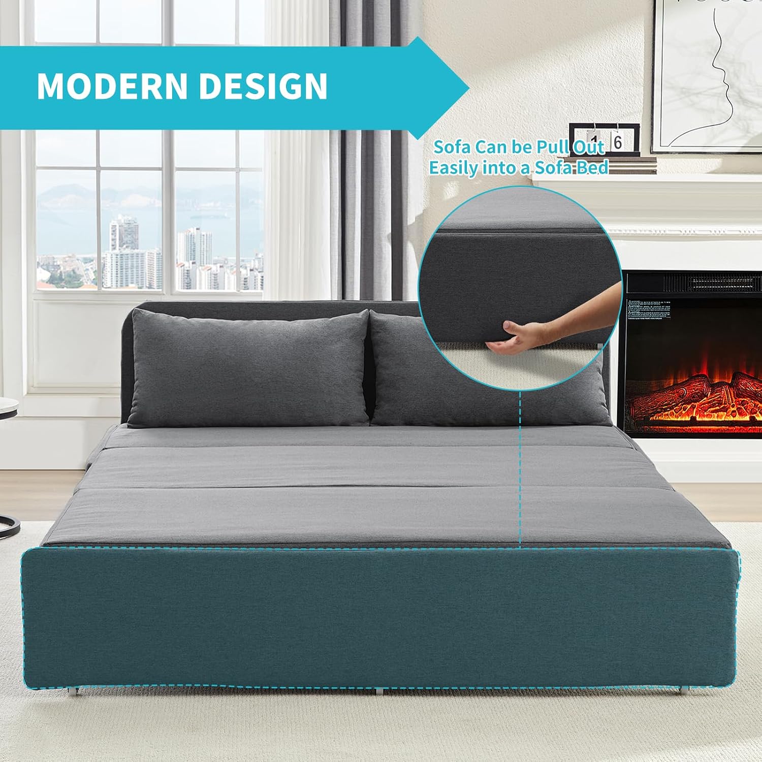 CECER 64.2' Queen Size Pull Out Sofa Bed, Pull Out Couch Bed with 2 Pillows, Linen Convertible Sleeper Sofa with Comfy Mattress, 2 in 1 Armless Loveseat Sleeper for Living Room-Dark Grey