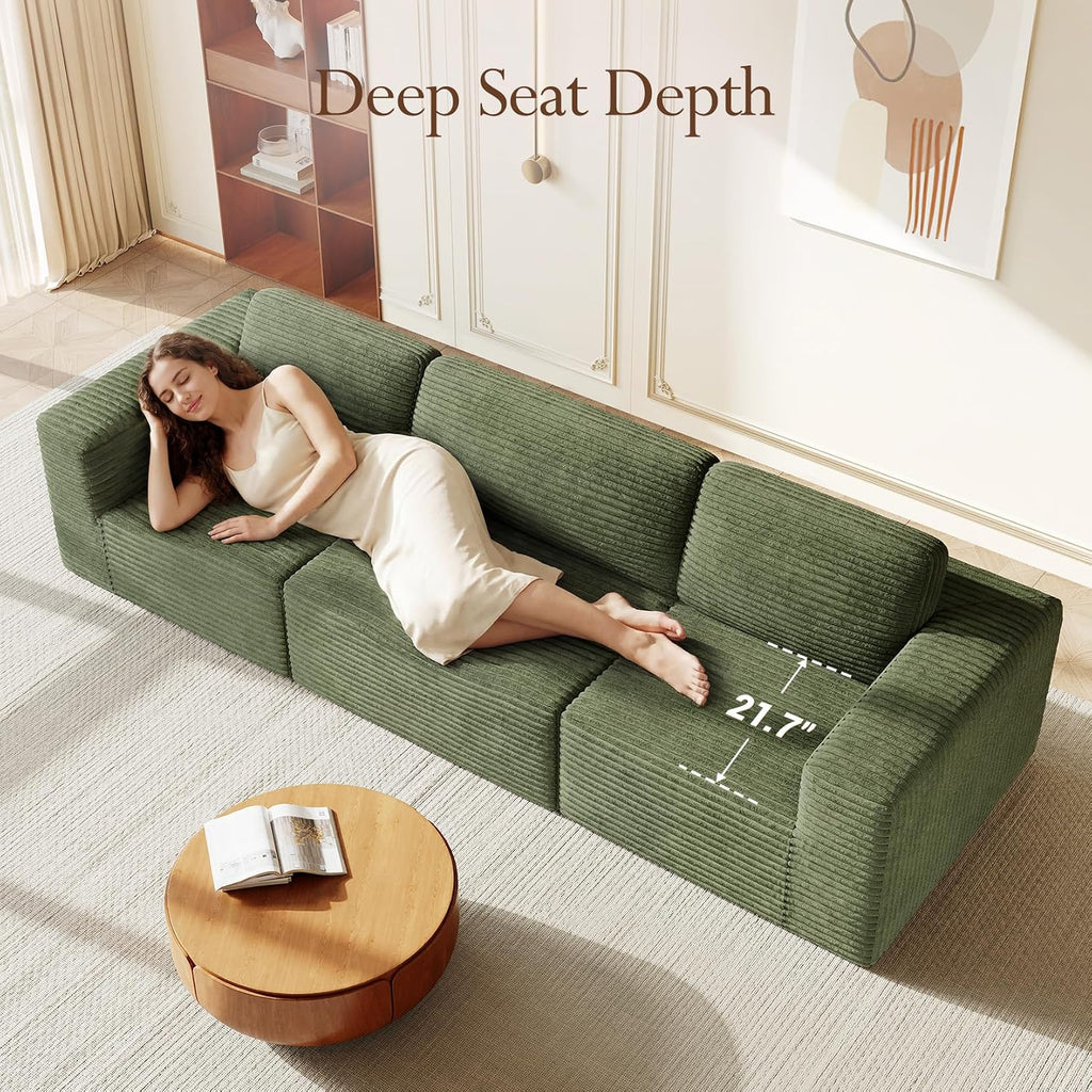 Vesgantti 119' Modular Sectional Sofa, Corduroy Cloud Couch with Deep Seating & Spring Support, 3 Seater Flexible Layout Sofa, Boneless Couch for Living Room & Apartment, No Assembly Required, Green