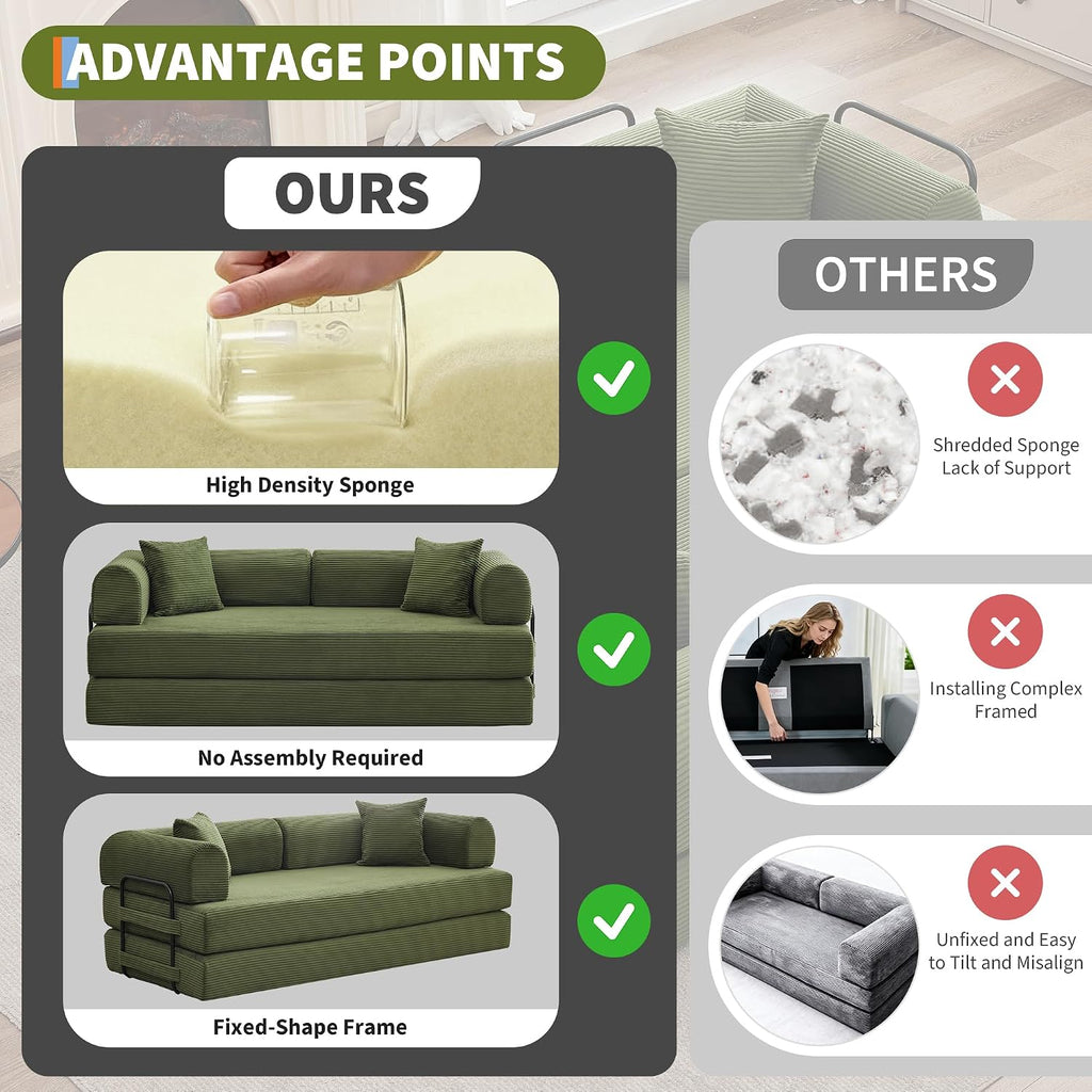 GarveeHome 79' Convertible Sleeper Sofa Bed Couch, 4-in-1 Boneless Corduroy Folding Sofa Bed with Pillow & Fixed-Shape, Floor Mattress Couch Loveseat for Living Room Apartments - No Assembly, Green