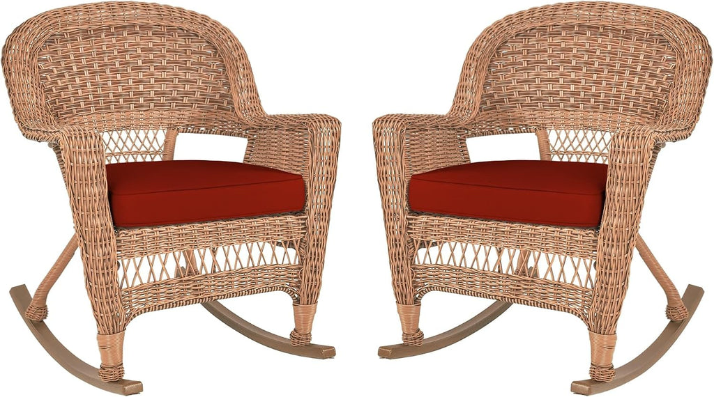 Jeco Rocker Wicker Chair with Red Cushion, Set of 2, Honey