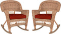 Jeco Rocker Wicker Chair with Red Cushion, Set of 2, Honey