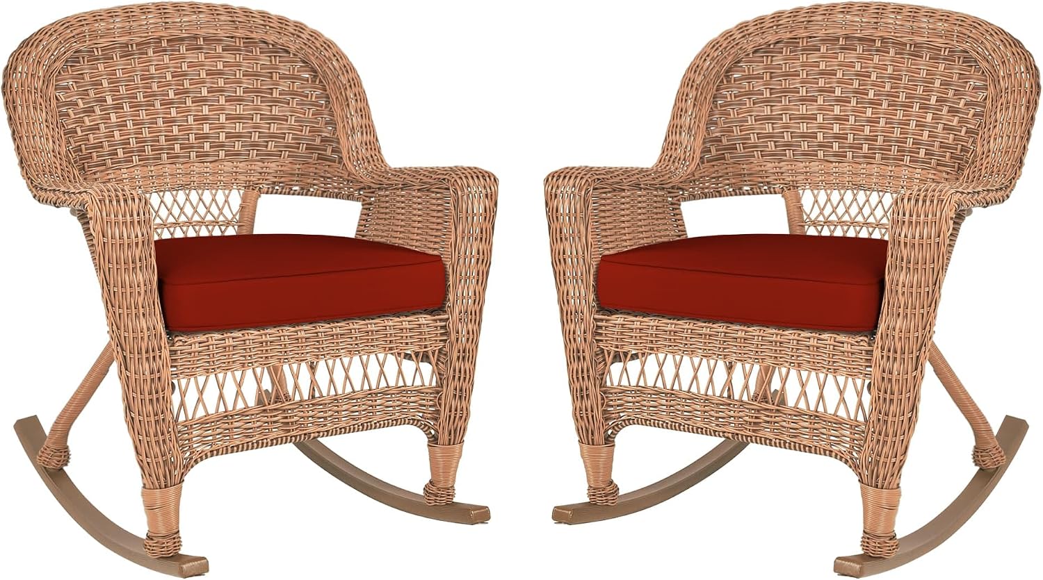 Jeco Rocker Wicker Chair with Red Cushion, Set of 2, Honey