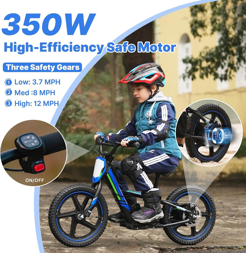 Lightweight Electric Dirt Bike for Kids, 340W Powerful Racing Grade Motorcycle Up to 12MPH, 24V Detachable Battery, 16-Inch Off-Road Tires, 3-Speed Modes Mini Motocross Bike- Ideal for Ages 5-8