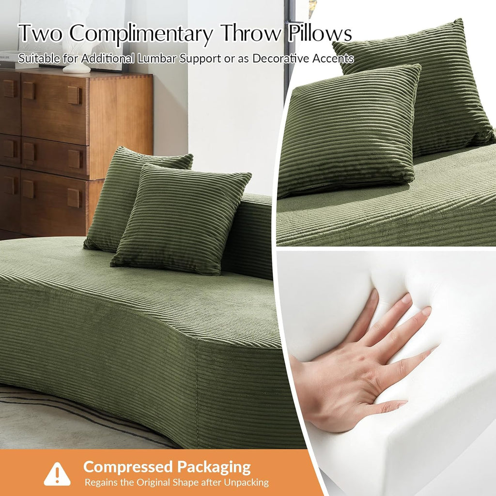 HULALA HOME 94.5' Curved Boneless Couch with Two Pillows, Oversized 3 Seater Compressed Foam Sofa with Deep Seat, Modern Cloud Couch for Living Room, No Assembly Required, Green