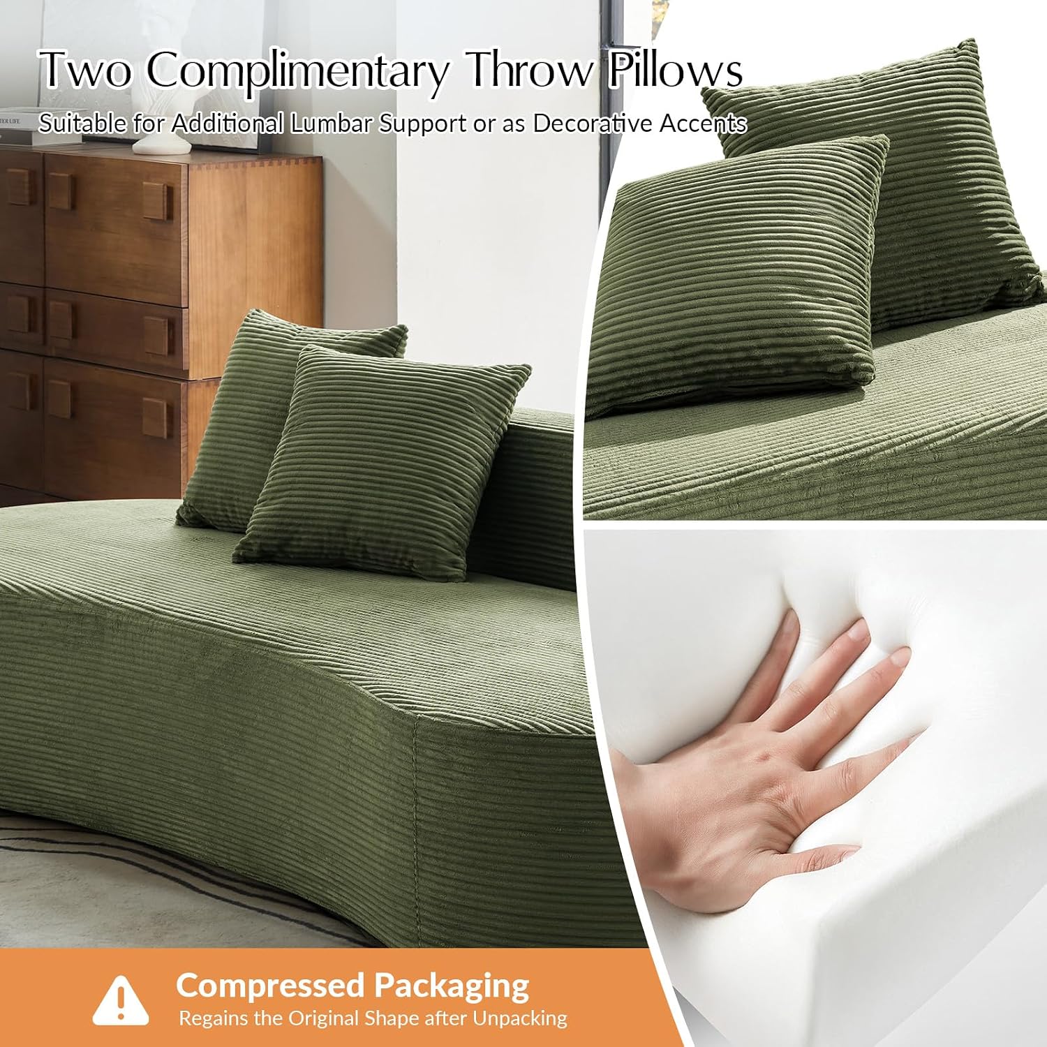 HULALA HOME 94.5' Curved Boneless Couch with Two Pillows, Oversized 3 Seater Compressed Foam Sofa with Deep Seat, Modern Cloud Couch for Living Room, No Assembly Required, Green