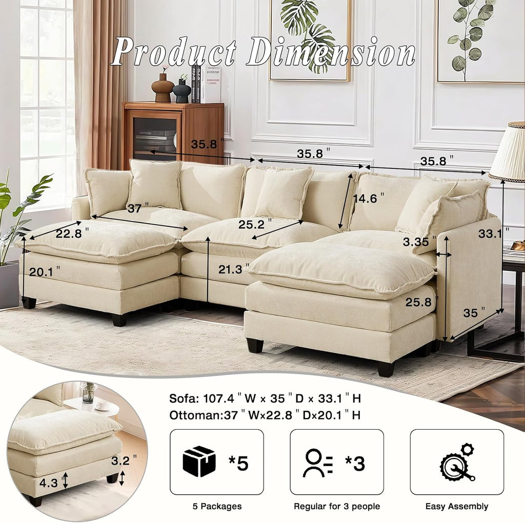 SoarFlash 113.78' Chenille Sectional Sofa, Comfy U Shaped Modular Coush Sofa with Ottoman, Modern 4 Seat Couch Deep Seat Sofa Set for Living Room,Beige