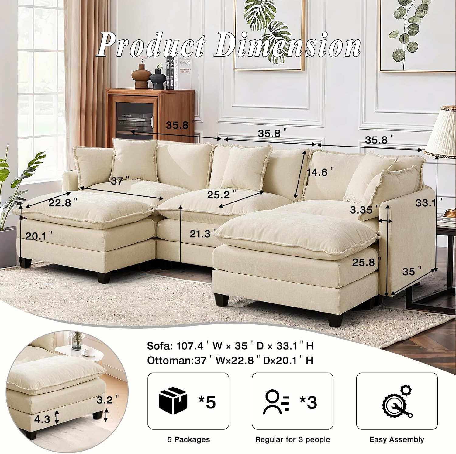 SoarFlash 113.78' Chenille Sectional Sofa, Comfy U Shaped Modular Coush Sofa with Ottoman, Modern 4 Seat Couch Deep Seat Sofa Set for Living Room,Beige