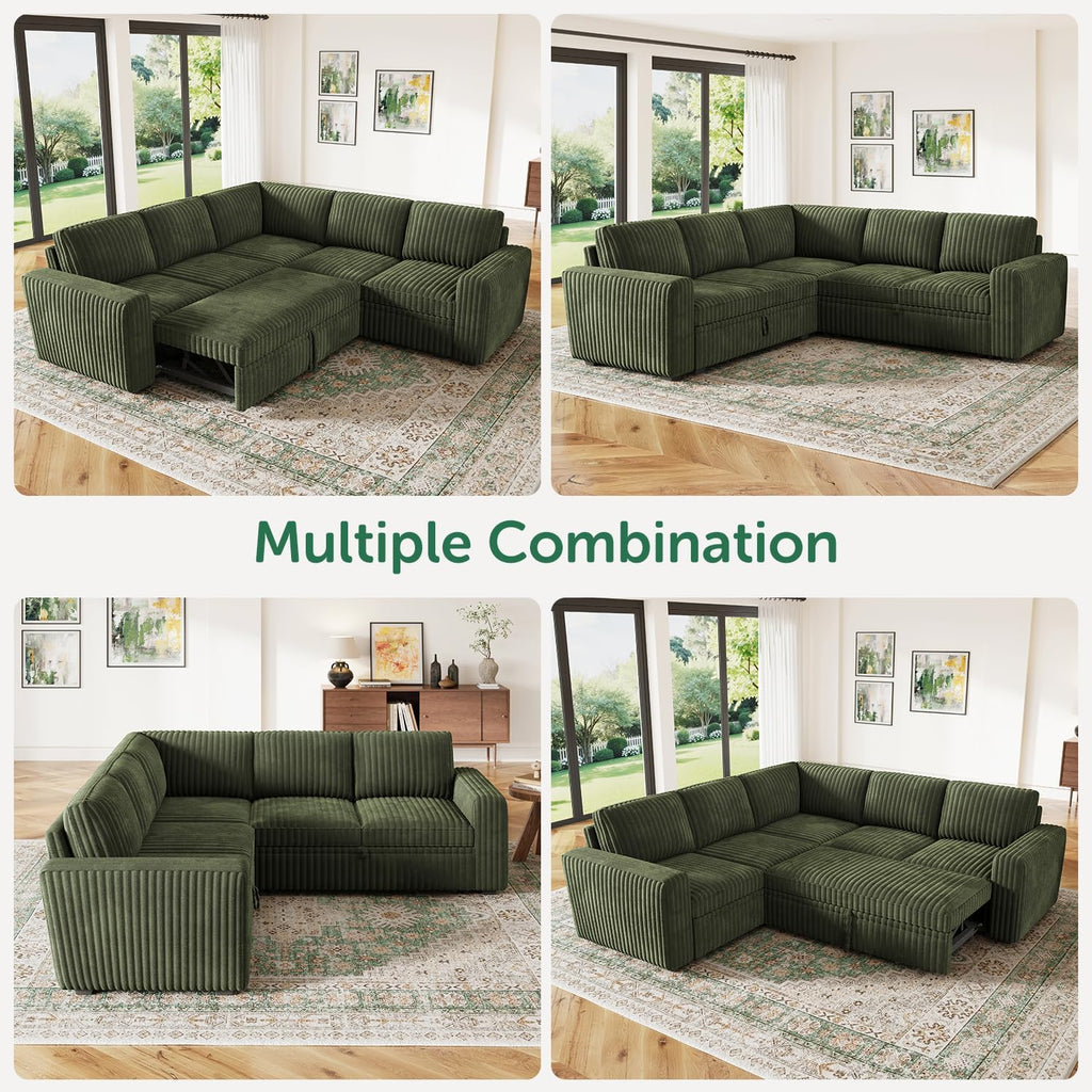 HONBAY Modular Sectional Sleeper Sofa with Pull Out Bed,Corduroy L Shaped Couch with Storage, Sectional Couches for Living Room,Green