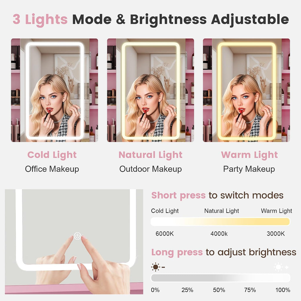 Hadulcet Pink Vanity Desk with Mirror and Lights, 35.5' Small LED Makeup Vanity Desk with 2 Acrylic Drawers, 6 Storage Shelves and Power Outlets for Girls Women Bedroom Dressing Room