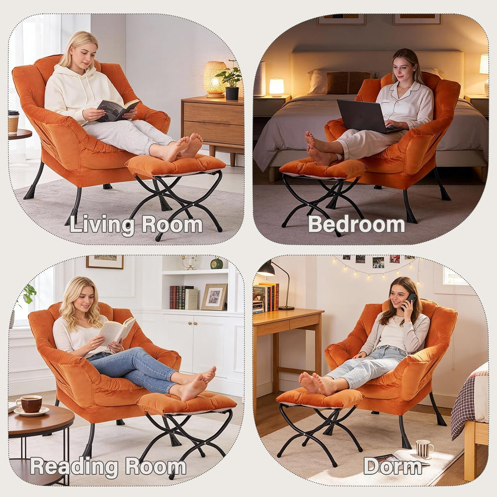 MBOOYOME Lazy Chair with Folding Ottoman, Modern Accent Armchair with Armrests, Side Pocket & Foldable Footstool, Reading Chair for Living Room, Bedroom, Dorm & Office, Velvet Orange