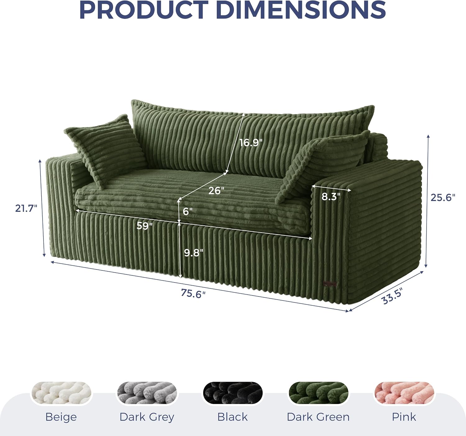 MAXYOYO 76' Sofa Couch, Loveseat Boneless Couch in a Box, Upholstered Small Mini Sofa with Deep Seating for Living Room Bedroom Office Apartment, No Assembly, Green