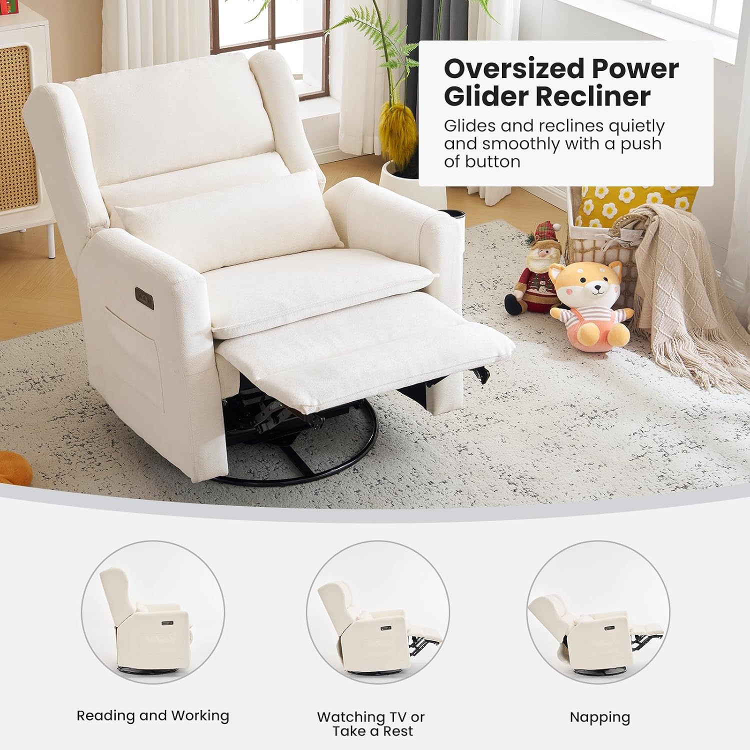 Power Recliner Chair Swivel Glider with Adjustable Headrest，Oversized Swivel Rocker Recliner with Lumbar Support, Upholstered Nursery Glider Recliner for Living Room,White