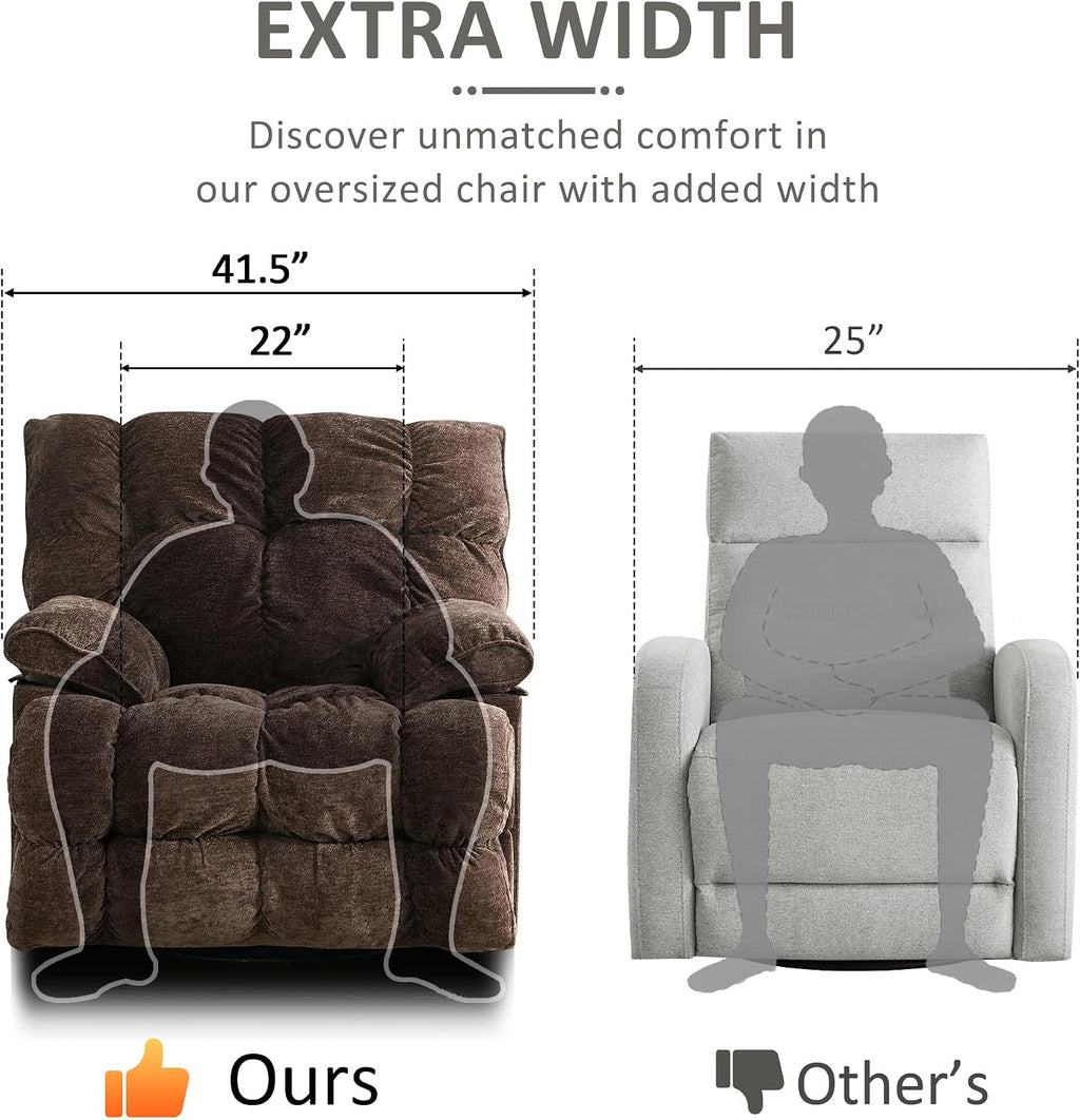 Oversized Recliner Chair, Overstuffed Swivel Rocker with Extra Wide Seat & Breathable Fabric for Living Room (Power, Brown)