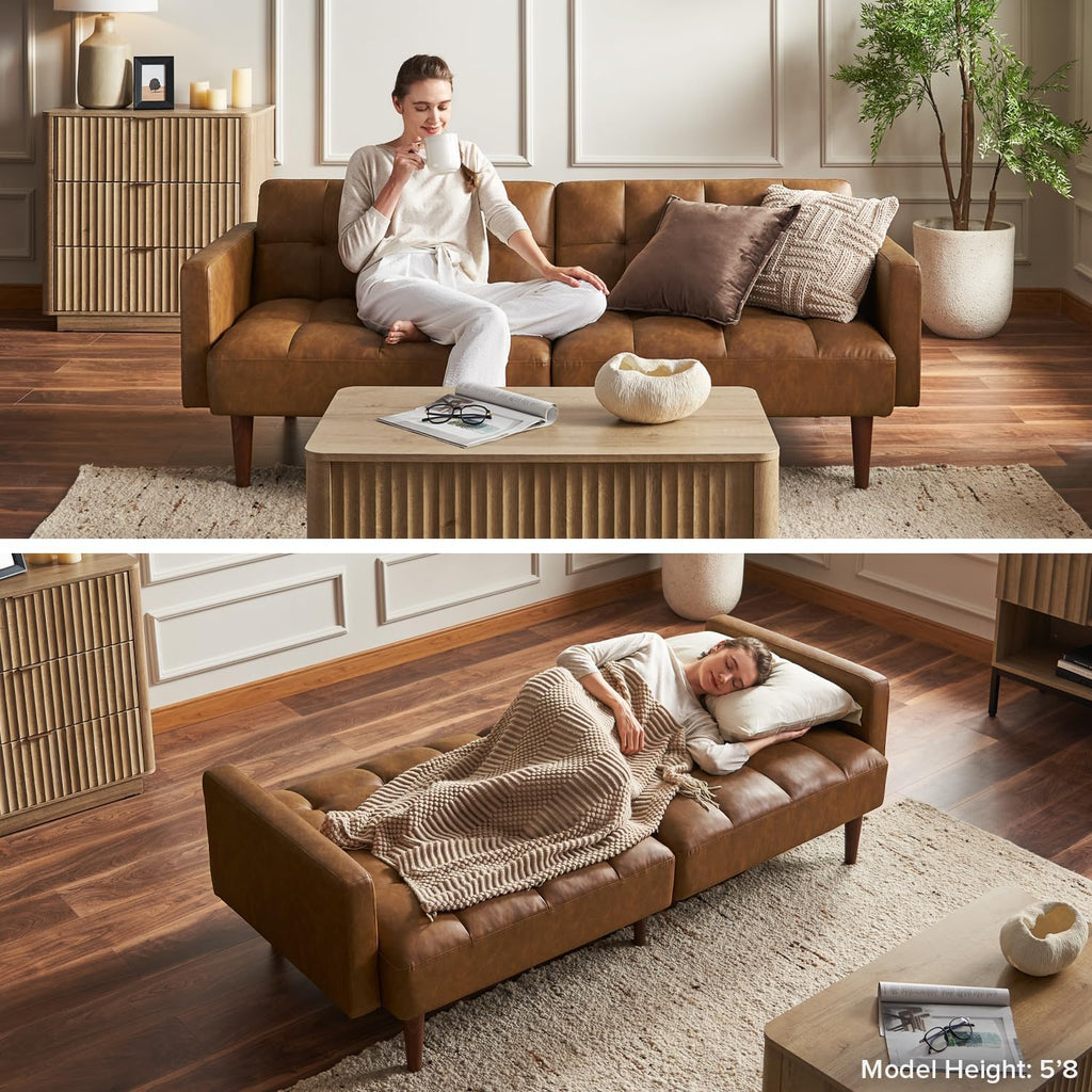 mopio 76.4' Futon Sofa Bed, Couch, Loveseat, Sleeper Sofa, Mid Century Modern Futon Couch, Sofa Cama, Couches for Living Room (Aaron PU, Sage Green)