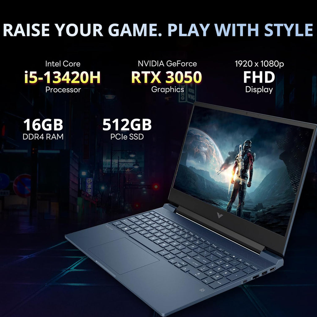 HP Victus Gaming Laptop, 15.6' FHD 144Hz IPS Display, Intel Core i5-13420H, 16GB RAM, 512GB PCIe SSD, NVIDIA GeForce RTX 3050, Backlit Keyboard, Wi-Fi 6, Win 11 Pro, Blue, 32GB Hotface USB Card
