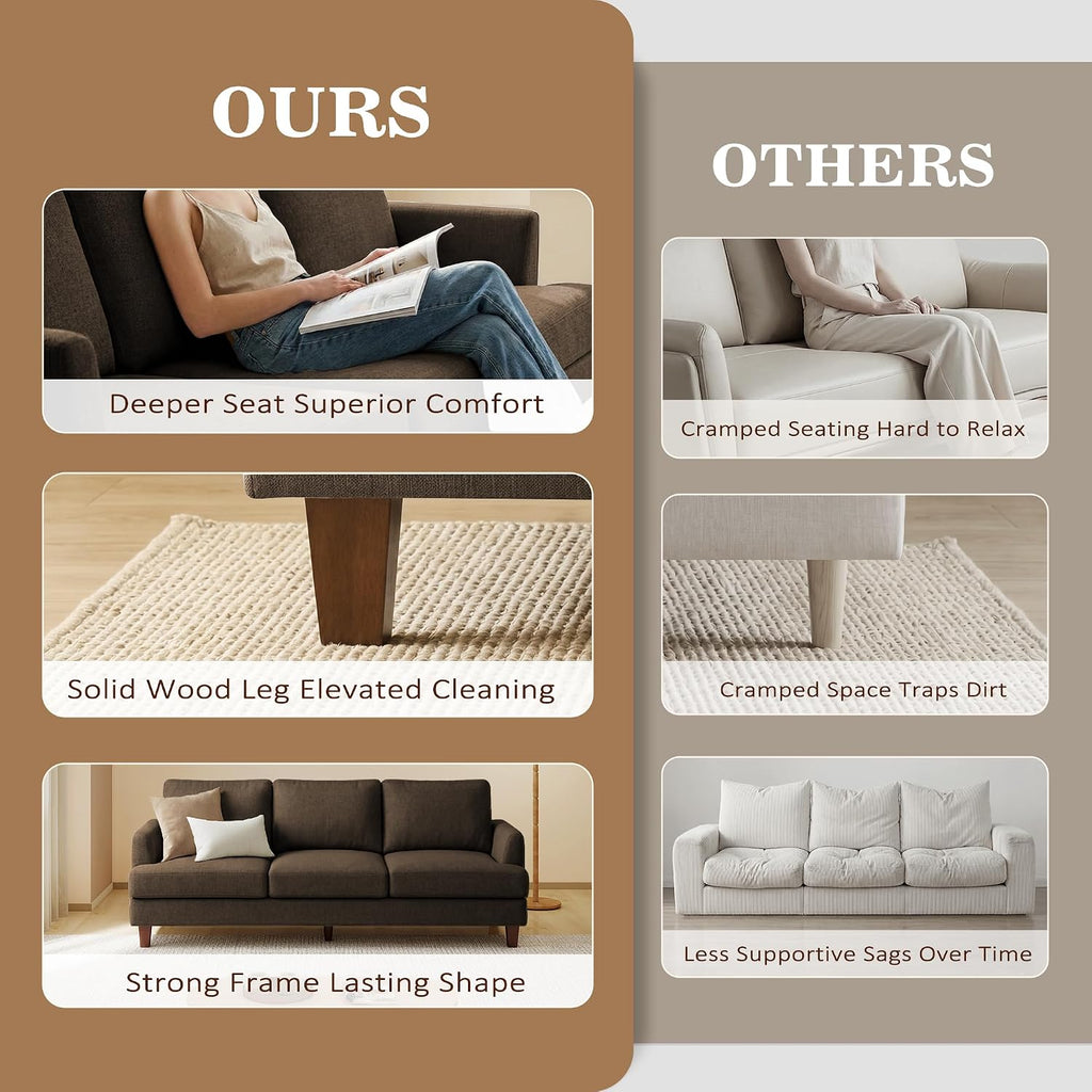 Gericco Mid Century Modern Couches for Living Room, 89' Comfy Brown Couch Sofa with 3-Seater Deep Seats, Upholstered Sofas for Living Room, Office Apartment, Bedroom