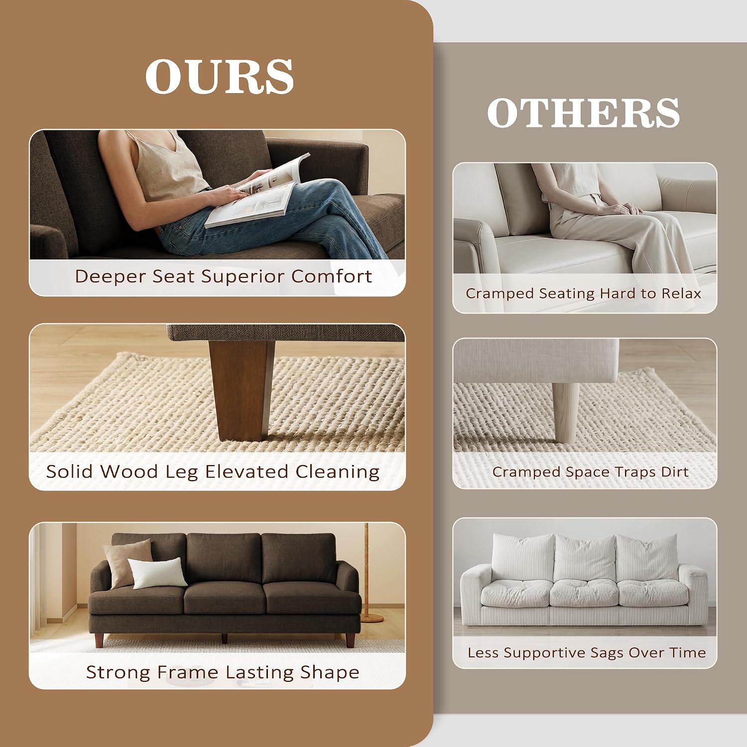 Gericco Mid Century Modern Couches for Living Room, 89' Comfy Brown Couch Sofa with 3-Seater Deep Seats, Upholstered Sofas for Living Room, Office Apartment, Bedroom
