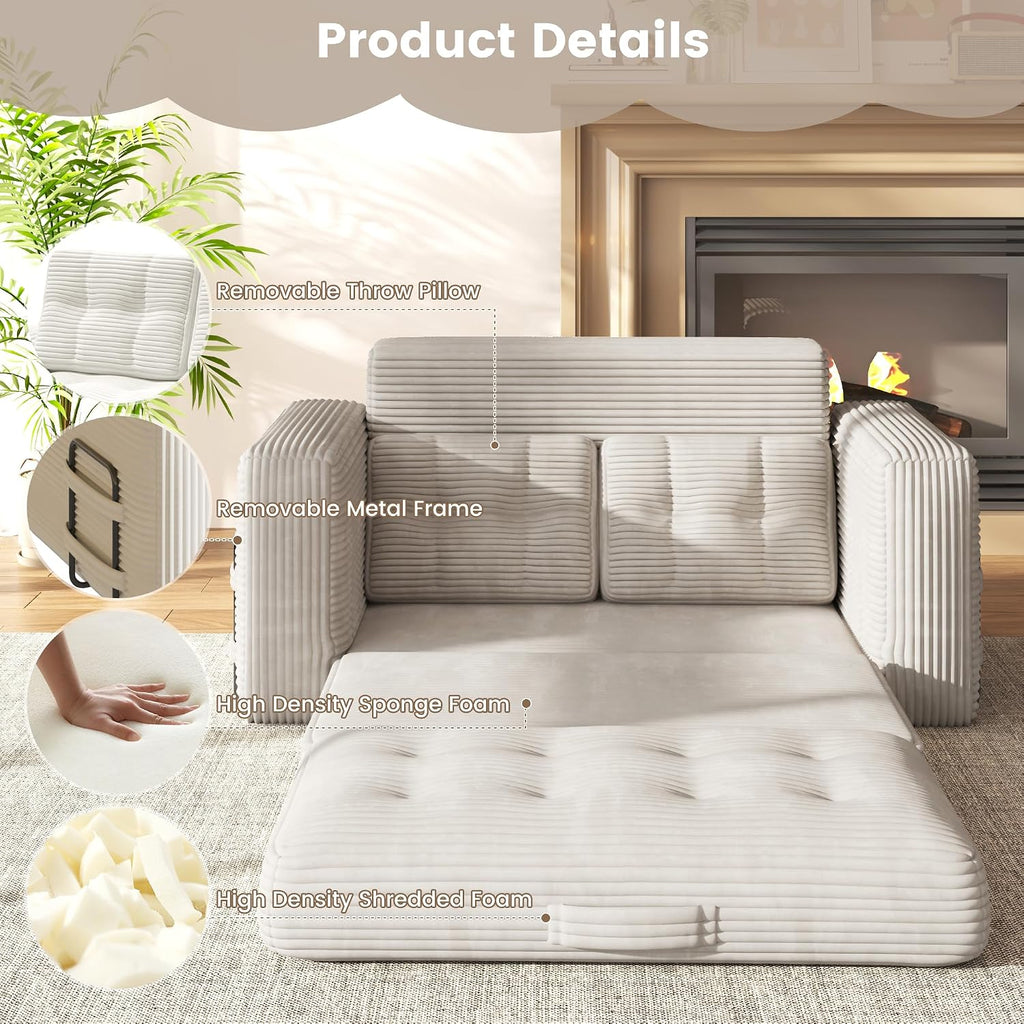 Convertible Sofa Bed, 2 in 1 Boneless Couch Bed with 2 Pillows, Corduroy Pull out Couch Folding Sofa Bed with Deep Seat, Small Loveseat Sleeper Sofa Bed in a Box for Small Spaces, No Assembly Needed