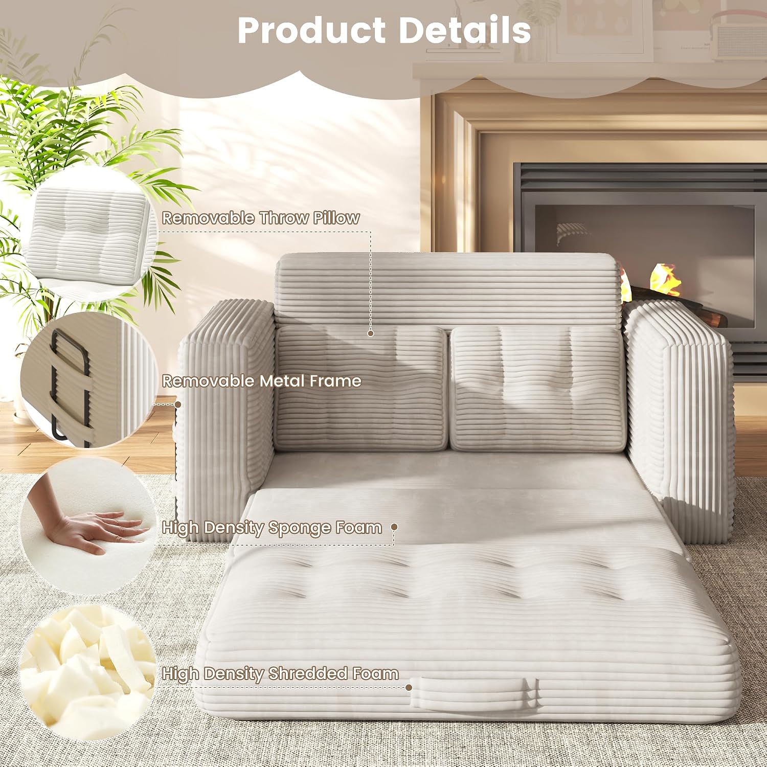 Convertible Sofa Bed, 2 in 1 Boneless Couch Bed with 2 Pillows, Corduroy Pull out Couch Folding Sofa Bed with Deep Seat, Small Loveseat Sleeper Sofa Bed in a Box for Small Spaces, No Assembly Needed