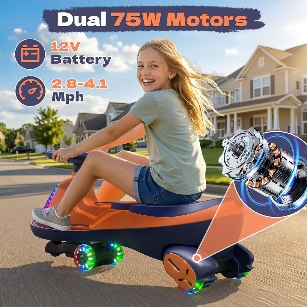 ANPABO 12V Electric Wiggle Car with Pedals, 2 Seater, 2x75W Motor, Music & Bluetooth, Ride On Toy for Kids Ages 3+, 170 Lbs, Orange