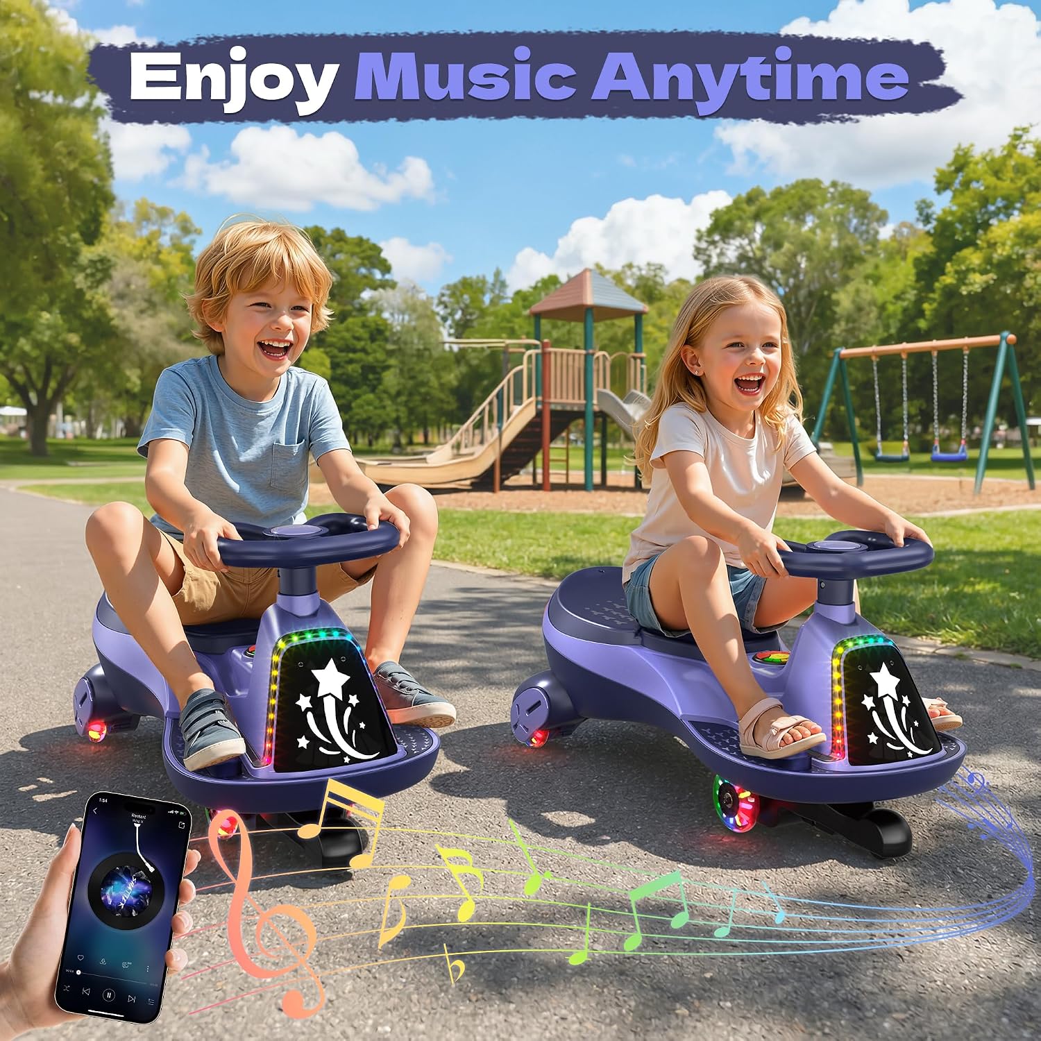 ANPABO 12V Electric Wiggle Car with Pedals, 2 Seater, 2x75W Motor, Music & Bluetooth, Ride On Toy for Kids Ages 3+, 170 Lbs, Purple