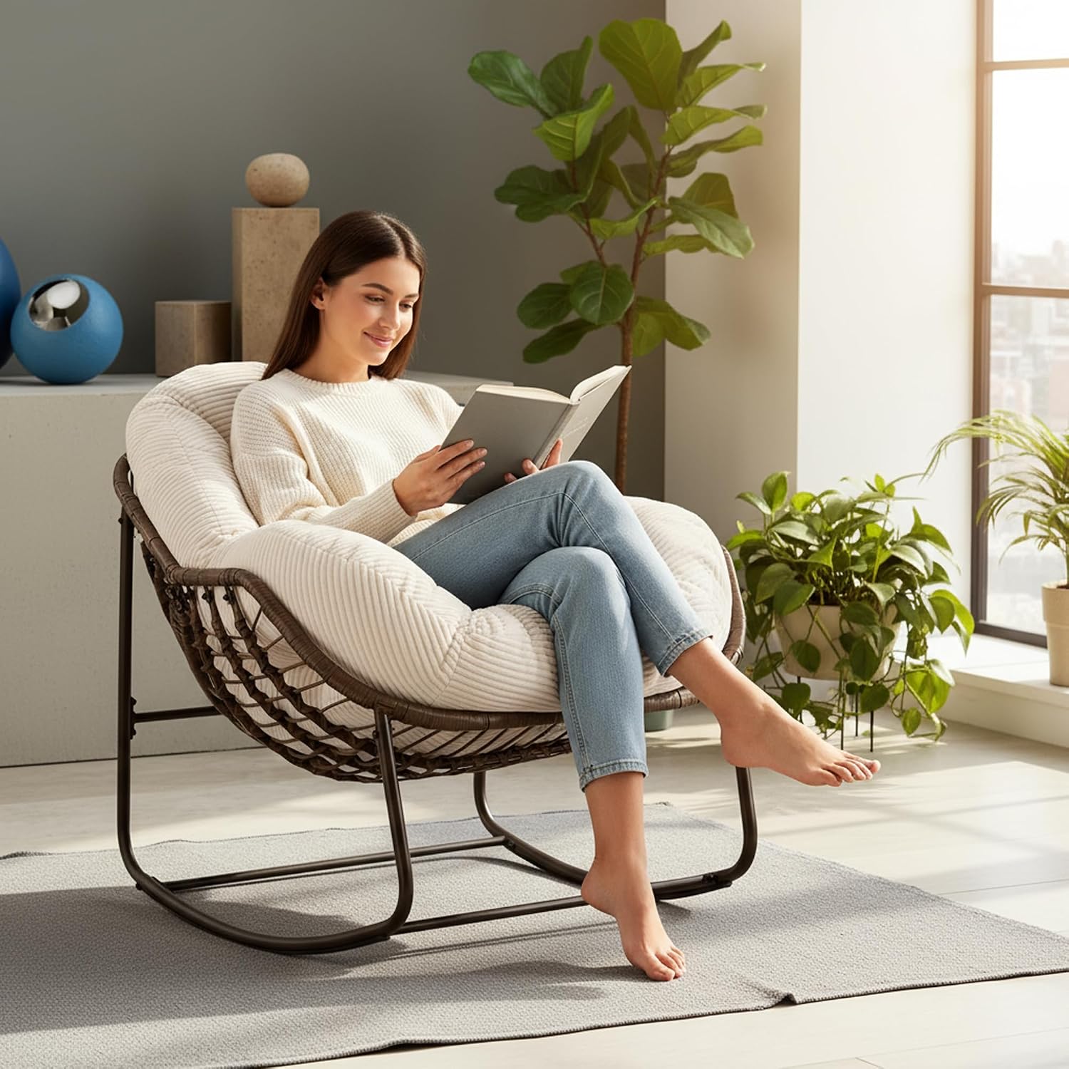 Oversized Papasan Rocking Chair, Indoor & Outdoor Egg Rocker with All-Weather Hand-Woven Rattan & Rust-Proof Steel Frame for Porch, Patio, Living Room (Corduroy, White)
