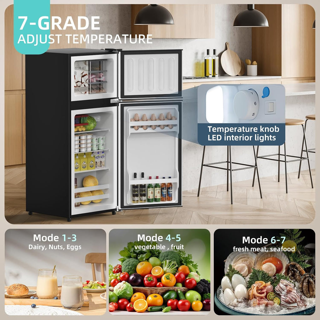 Cucina Magica Mini Fridge with Freezer, 3.8 Cu.Ft Small Fridge, Energy Saving, Low Noise,7 Adjustable Thermostat, Double Door Small Refrigerator for Dorm, Bedroom, Office