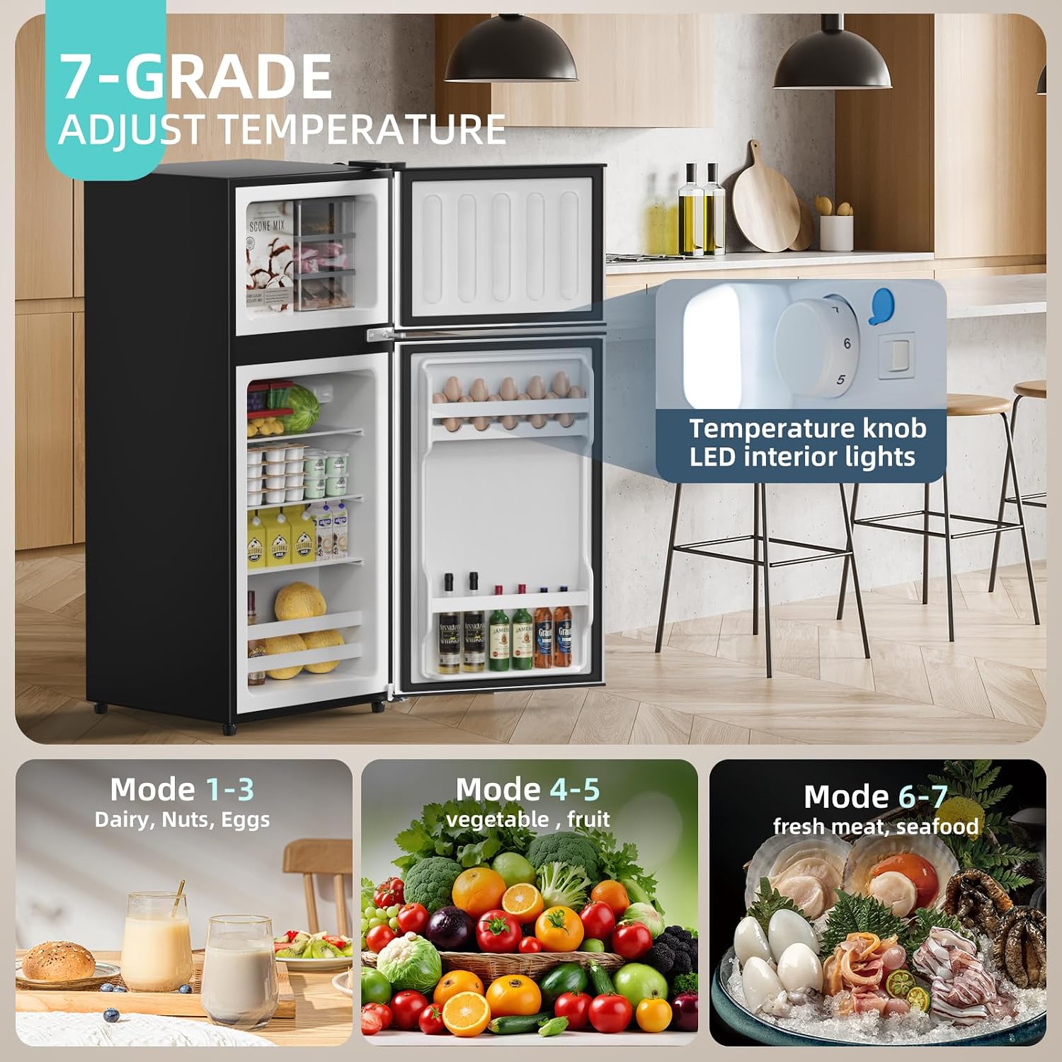 Cucina Magica Mini Fridge with Freezer, 3.8 Cu.Ft Small Fridge, Energy Saving, Low Noise,7 Adjustable Thermostat, Double Door Small Refrigerator for Dorm, Bedroom, Office