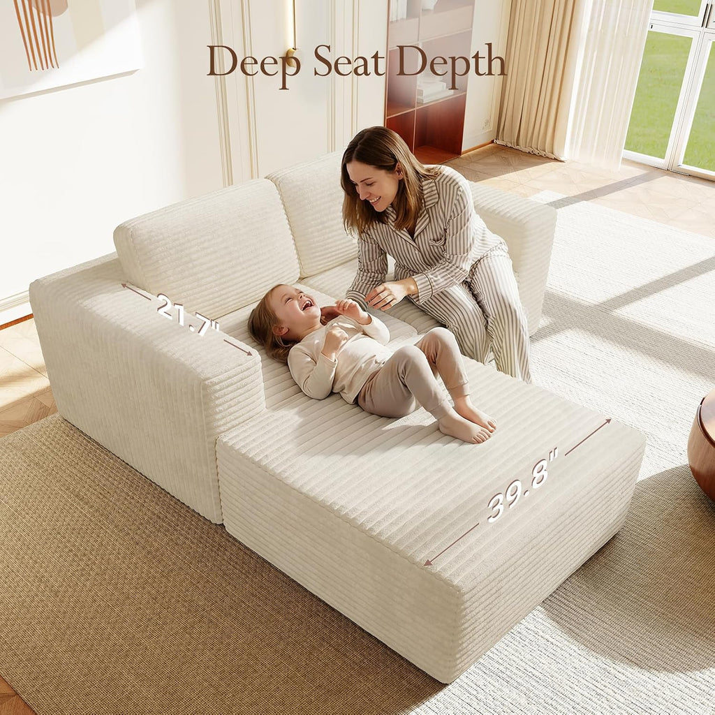 Vesgantti 80' Modular Sectional Sofa, Corduroy Cloud Couch with Deep Seats & Spring Support, Compact 2 Seater Boneless Couch, L-Shaped Modular Sofa for Small Spaces, Apartments, No Assembly, Beige