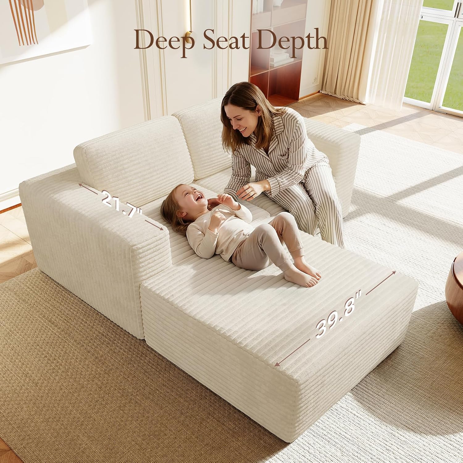 Vesgantti 80' Modular Sectional Sofa, Corduroy Cloud Couch with Deep Seats & Spring Support, Compact 2 Seater Boneless Couch, L-Shaped Modular Sofa for Small Spaces, Apartments, No Assembly, Beige