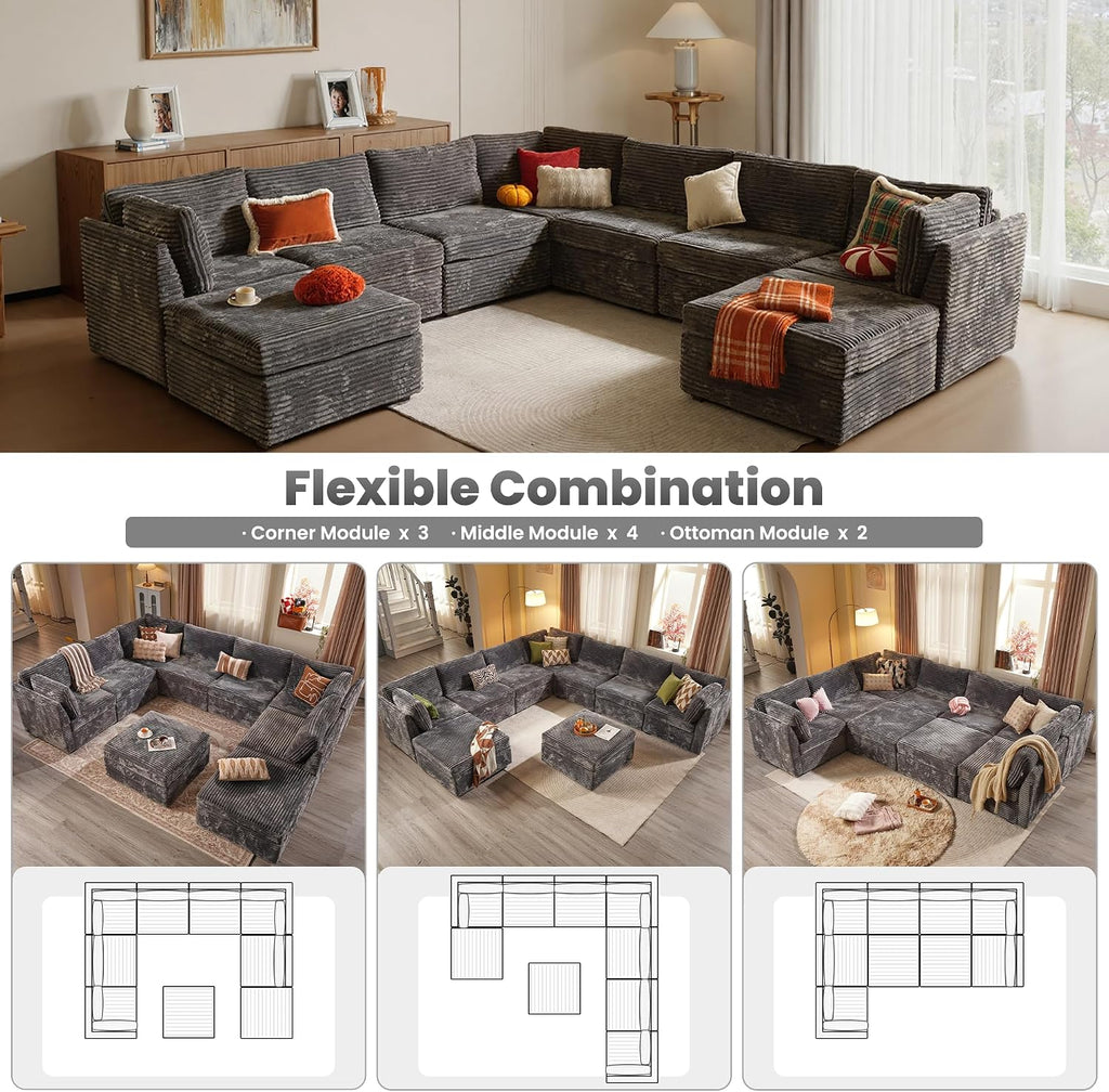 ovios Modular Sectional Sofa Couch with U-Shape Chaise Ottomans, Comfy Plush Corduroy Cloud Couches, Modern Deep Seat Sofas Set for Living Room, 9-Seater, Grey
