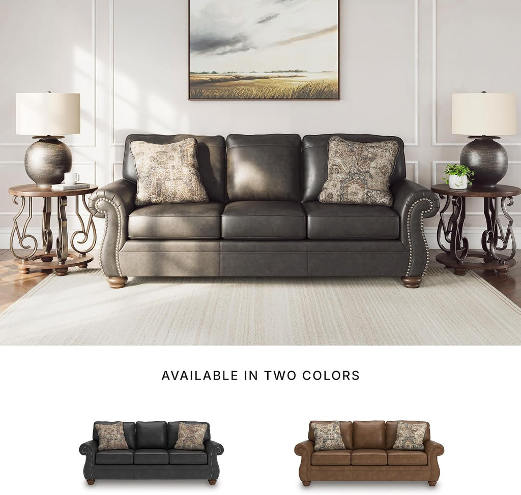 Signature Design by Ashley Shadsburne Rustic Faux Leather Sofa with Nailhead Trim and 2 Chenille Throw Pillows, Pillows with Soft Polyfill, Reinforced Frame for Added Stability, Black