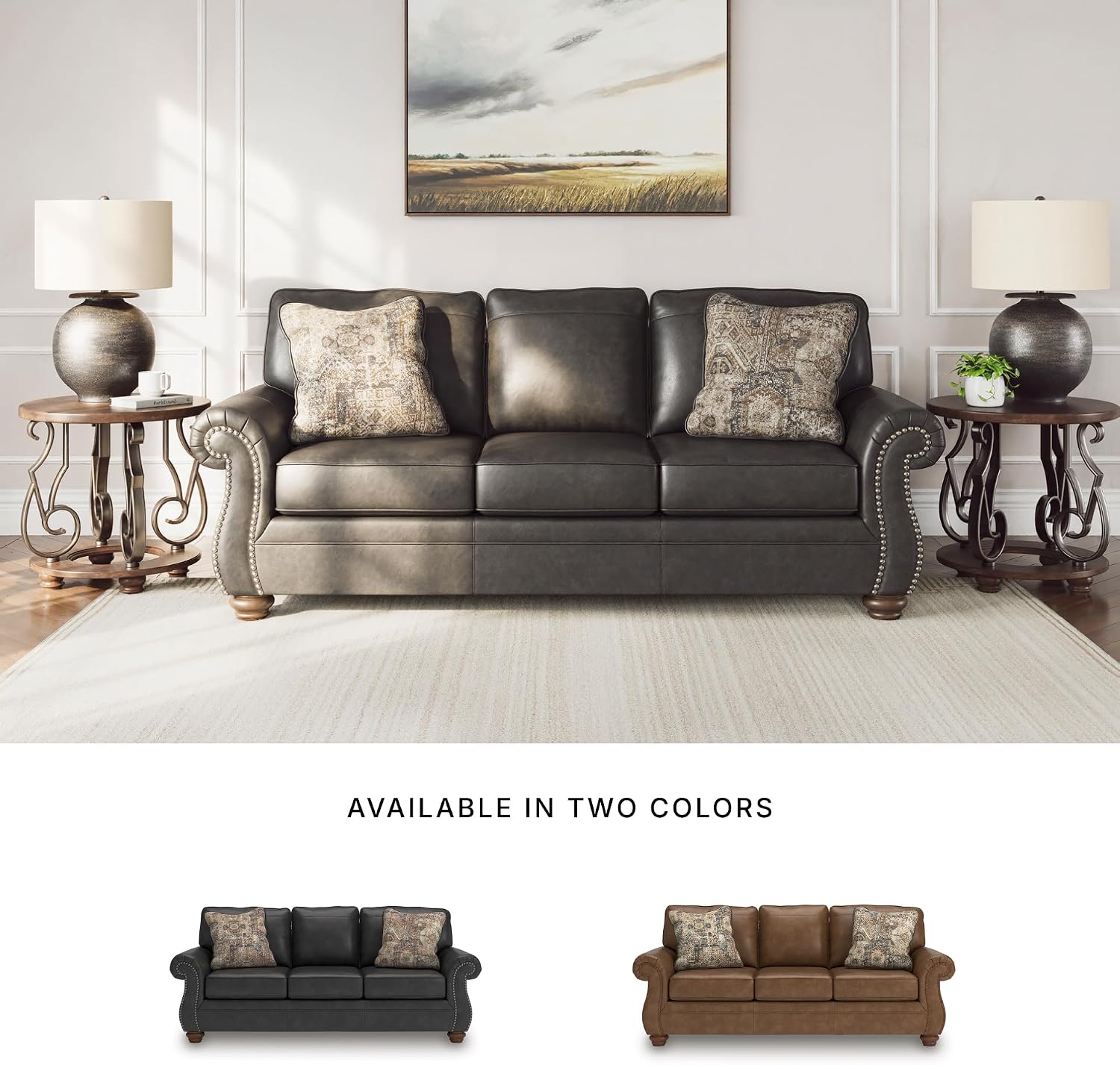 Signature Design by Ashley Shadsburne Rustic Faux Leather Sofa with Nailhead Trim and 2 Chenille Throw Pillows, Pillows with Soft Polyfill, Reinforced Frame for Added Stability, Black