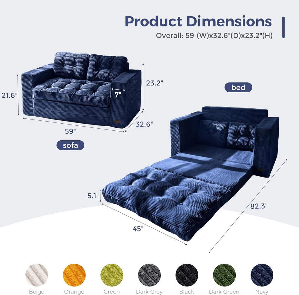 MAXYOYO Convertible Sofa Bed, Pull Out Loveseat Sleeper Sofa, Folding Couch Bed with Pillows for Living Room, Navy