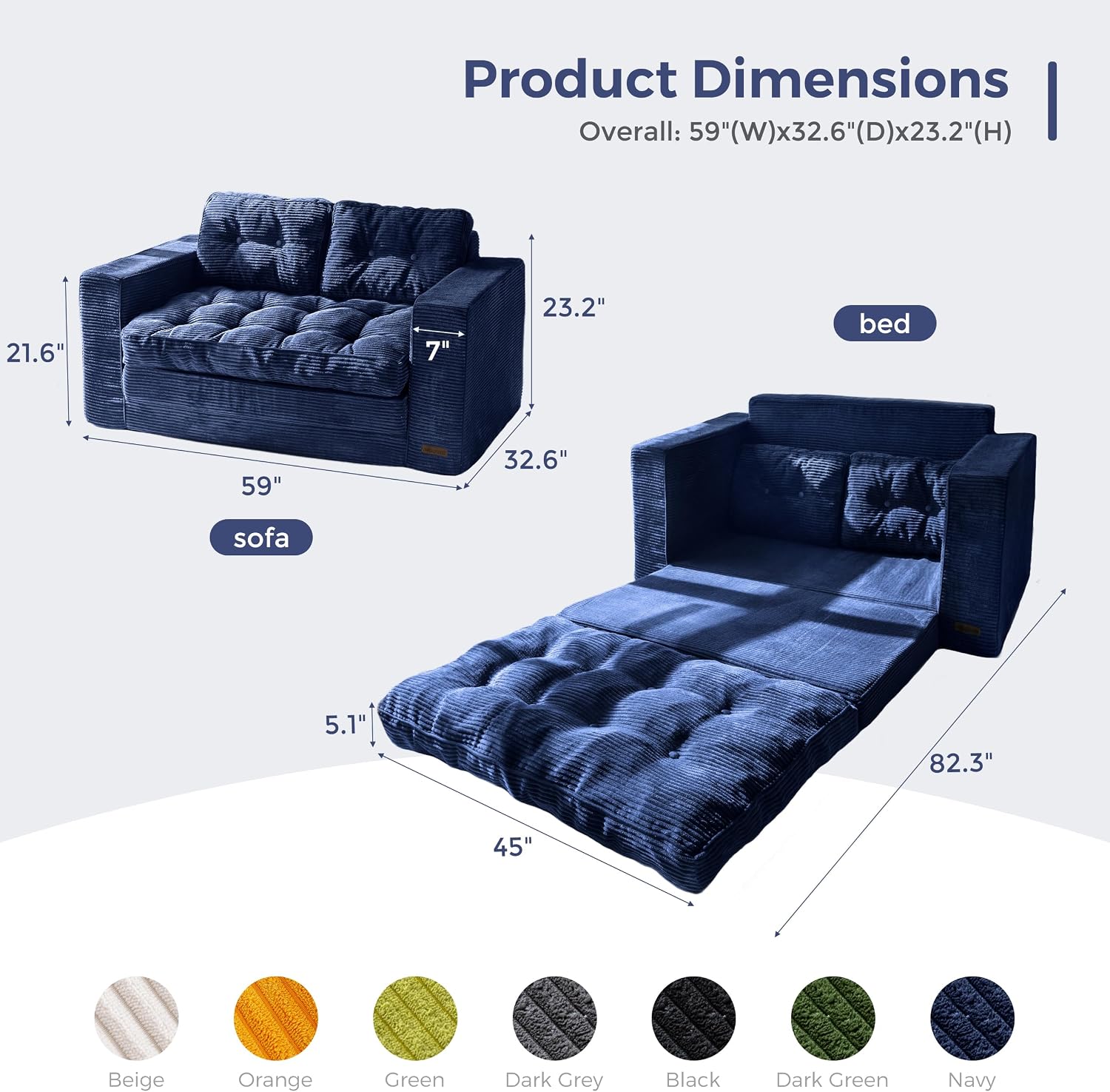 MAXYOYO Convertible Sofa Bed, Pull Out Loveseat Sleeper Sofa, Folding Couch Bed with Pillows for Living Room, Navy