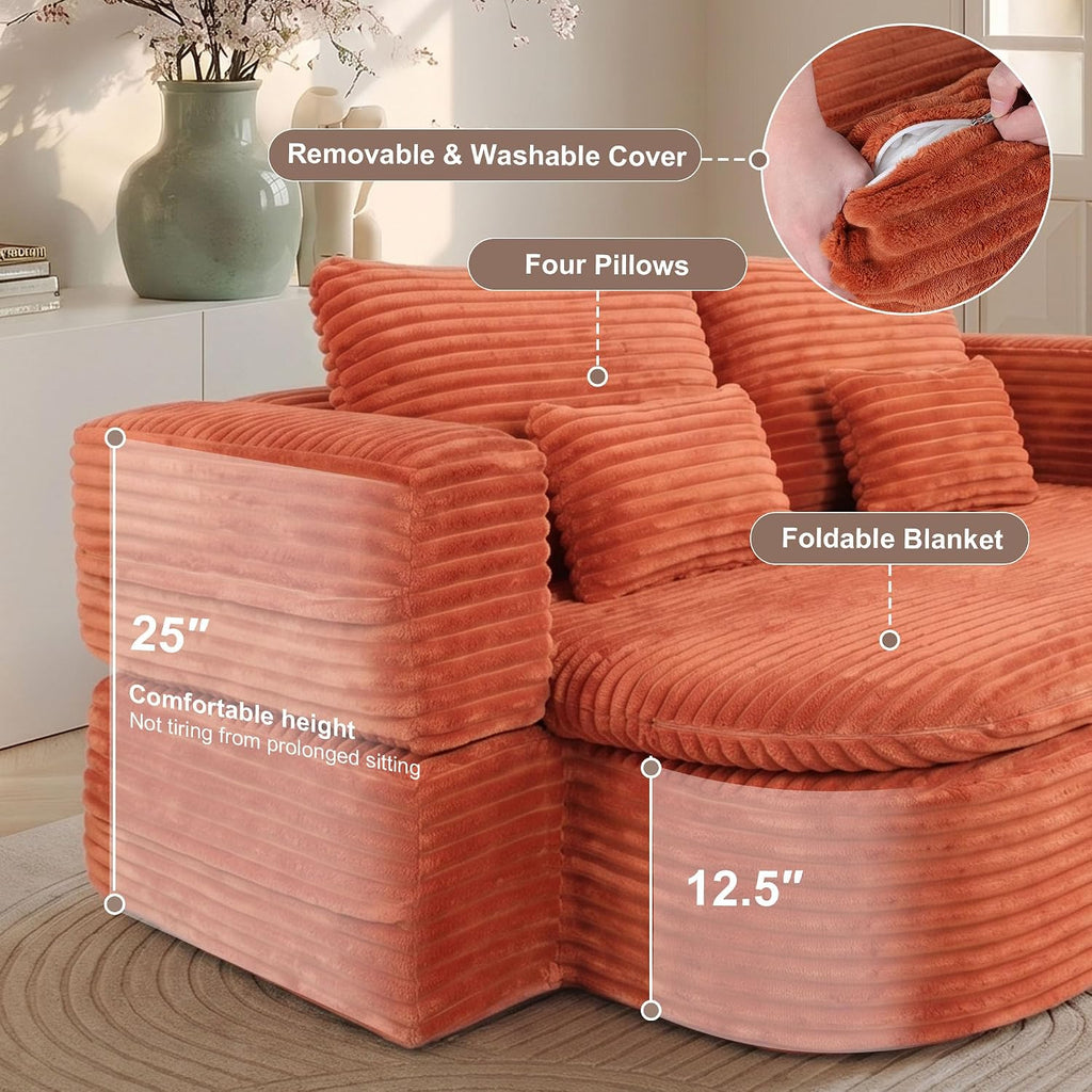 75'' Folding Sleeper Sofa Bed, Convertible Memory Foam Boneless Couch, Foldable Full Size Guest Bed, Modern 2-in-1 Futon Floor Sleeper Sofa with 4 Pillows and Blanket (Corduroy, Orange)