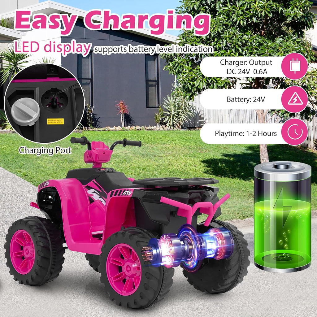 Costzon Kids ATV, 24V Four Wheeler Quad Ride on Car w/Forward/Backward, 2 Speeds, Wireless Connection, Music, Radio, LED Lights, Electric Vehicle Toddler 4 Wheeler for Kids, Boys & Girls 3-8 (Pink)