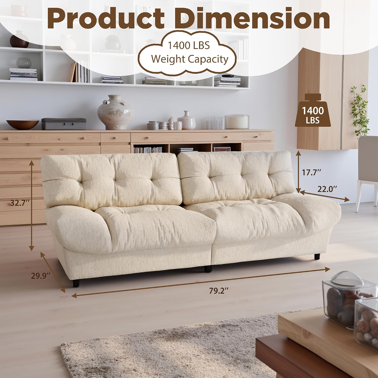 80' Cloud Couch, Chenille Cloud Sofa Overstuffed Love Seat Couches with Pillow Designed Armrest for Small Spaces, Deep Seat Two Seater Couch Loveseat Sofa, Beige White