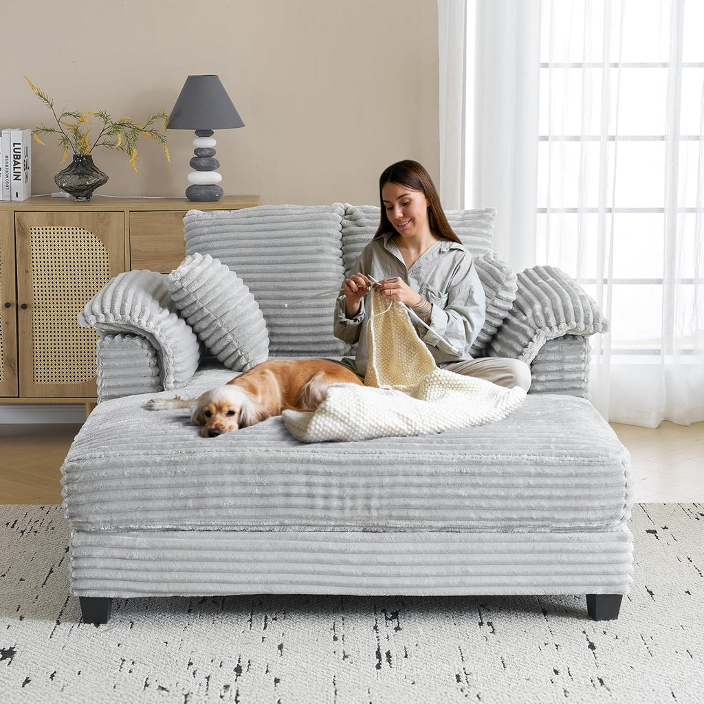 VINGLI 56' Oversized Chaise Lounge Chair, Light Grey Comfy Corduroy Chaise Sofa Recliner Bed Upholstered Sleeper Couch Bed with Throw Pillows and Armrests for Living Room, Movie Room, Bedroom