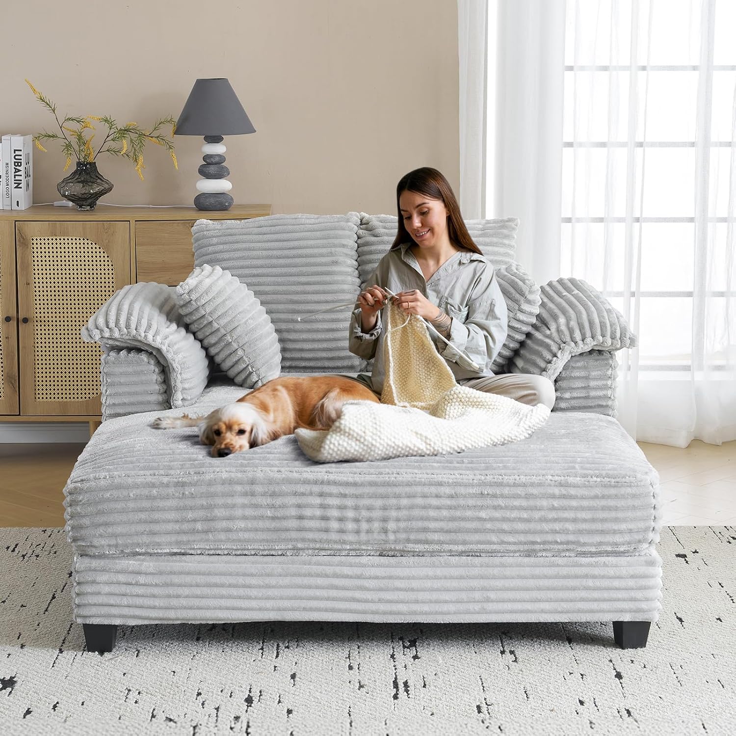 VINGLI 56' Oversized Chaise Lounge Chair, Light Grey Comfy Corduroy Chaise Sofa Recliner Bed Upholstered Sleeper Couch Bed with Throw Pillows and Armrests for Living Room, Movie Room, Bedroom