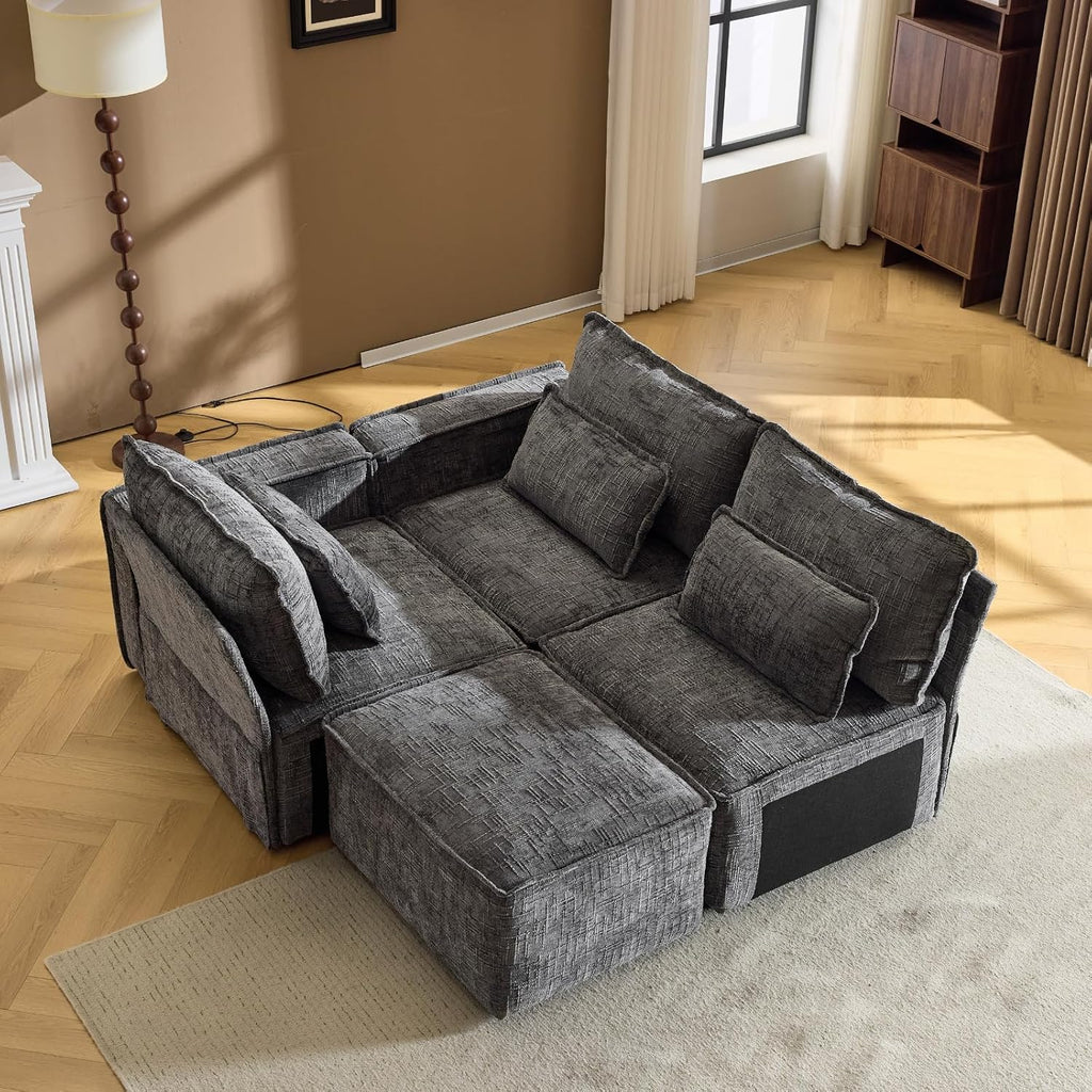 VINGLI 111' Convertible Modular Sectional Sofa,Comfortable L Shaped Reversible Couch with Ottoman, Removable 3 Seater Boneless Modern Couch, Durable Chenille Cloud Sofa for Living Room,Grey