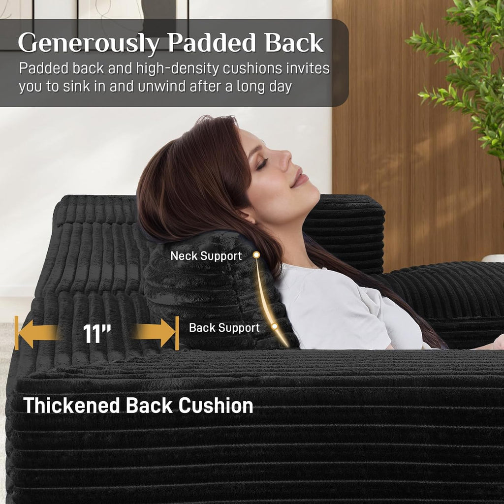 131' Oversized U Shaped Cloud Sectional Couches for Living Room, Comfy Fluffy Corduroy Black Boneless Sectionals Couch, Plush Memory Foam Modular Sectional Sofa with Chaise- 19' Seat Height