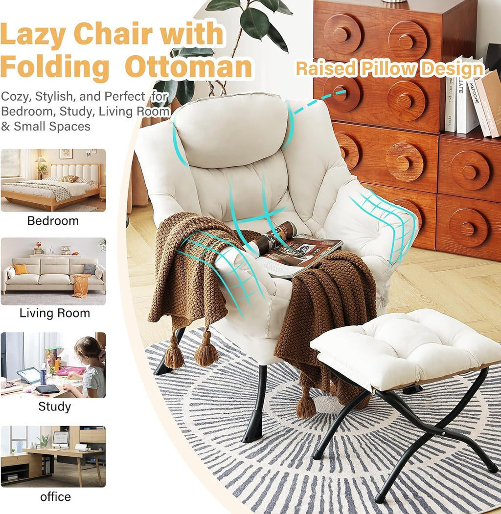 Furlide Lazy Chair with Ottoman, Modern Accent Chair with Armrests and a Side Pocket, Beige Accent Chairs, Reading Chairs, Oversized Armchairs for Bedroom, Study, Living Room, Courtyard