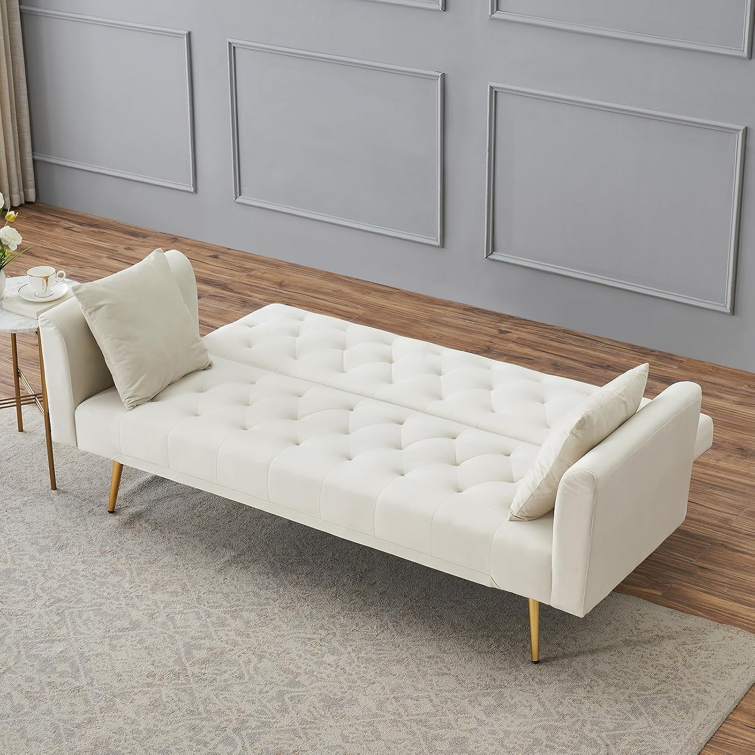 71' Modern Velvet Sofa Bed Futon, Convertible Sleeper Couch with Adjustable Backrest, Tufted Recliner Loveseat with Golden Chrome Legs & 2 Pillows for Small Spaces, Living Room, Apartment (Beige)